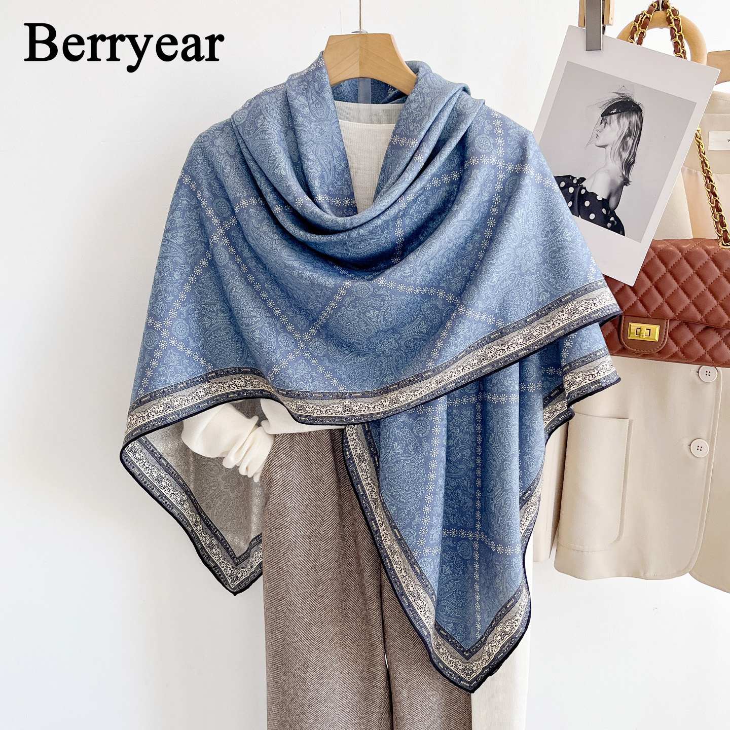 蓝色真丝羊毛丝巾高级感丝毛围巾