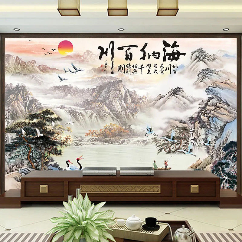 18D海纳百川山水画背景墙墙纸10b8b装饰画背景墙5b壁布壁画3d墙布