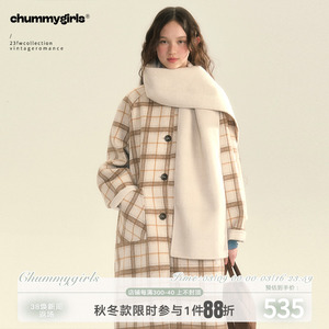 chummy 30wool原创两面穿小翻领围巾格纹中长款双面毛呢大衣外套