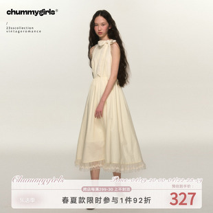 chummygirls 芭蕾挂脖系带蝴蝶结蕾丝连衣裙温柔收腰长裙 原创法式