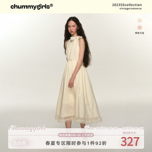 chummygirls 芭蕾挂脖系带蝴蝶结蕾丝连衣裙温柔收腰长裙 原创法式