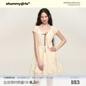chummygirls 原创法式复古蕾丝花边系带A字抽褶收腰泡泡袖连衣裙