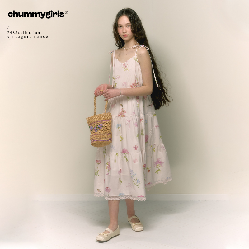 【Alice推荐】chummygirls原创法式复古印花蕾丝吊带V领连衣裙