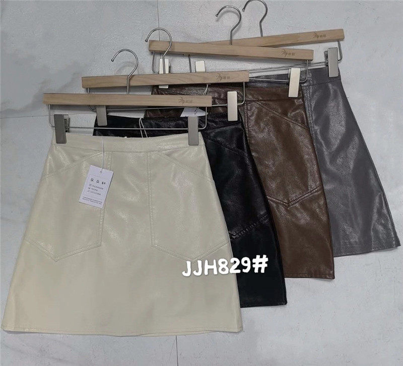 2022春季新品双口袋洗水PU皮高腰A字半身裙短裙子百搭显瘦防走光