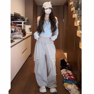 蓝色假两件拉肩长袖 女时尚 T恤灰色工装 套装 显瘦高级感ins 卫裤 韩版