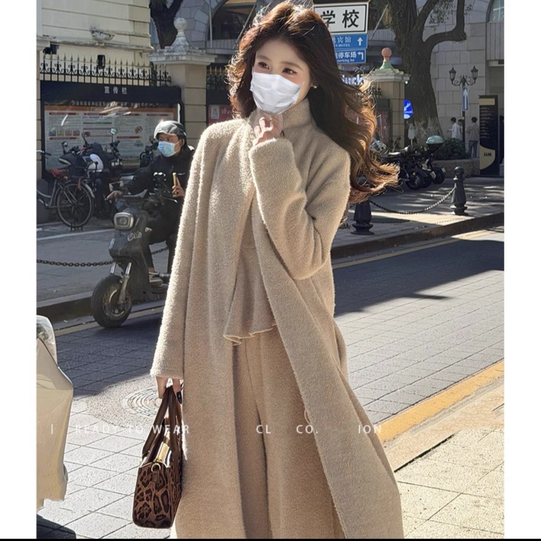 长款开衫立领上衣阔腿长裤三件套