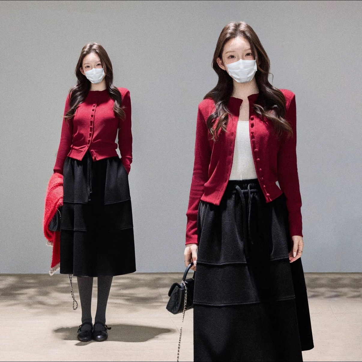 针织开衫黑色半身裙两件套女显瘦