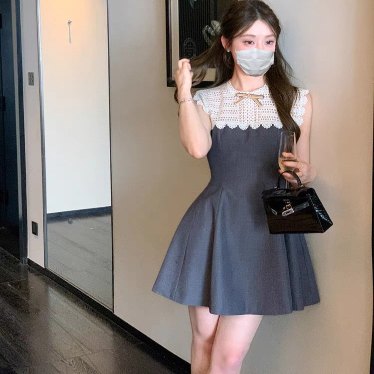 法式千金风知性气质高级感小个子无袖蕾丝拼接撞色连衣裙夏季新款