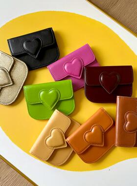 loan2024新款 时尚爱心小卡包迷你零钱包一体两用真皮女款