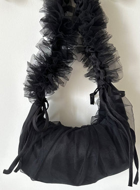 loan 韩版ins百搭抽绳设计新款甜美荷叶边网纱褶皱斜挎单肩手提包