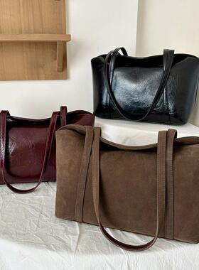 loan韩国小众设计高级感麂皮绒大容量通勤托特包头层牛皮手提包