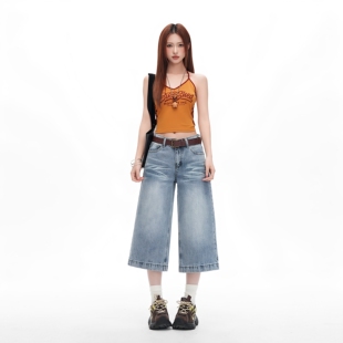 美式阔腿七分牛仔裤女2026年夏季现款宽松显瘦百搭直筒中裤浅蓝色