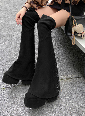 牛仔布裤管靴女高跟时装靴嘻哈厚底松糕鞋防水台方头过膝盖长筒靴