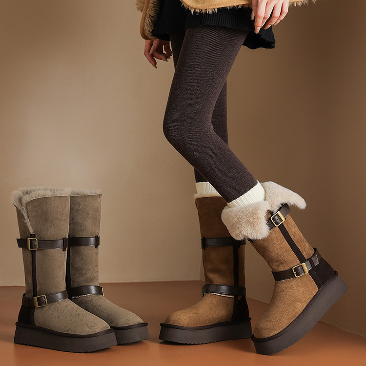 松糕底雪地靴女厚底高筒靴防滑耐磨棉靴东北加绒保暖皮毛一体靴