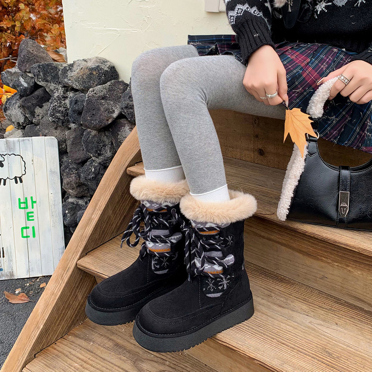 松糕底雪地靴女厚底中筒靴防滑耐磨棉靴东北加绒保暖皮毛一体靴