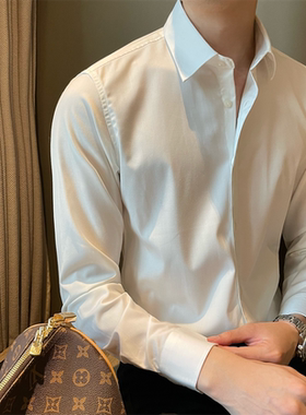 韩版扣式青年免烫方领白衬衣时尚学院风男士商务休闲纯色打底衬衫