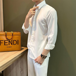 学院风男商务休闲打底衬衫 免烫方领纯白色衬衣时尚 扣式 NR先生韩版