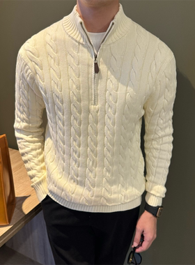 NR先生【100%棉】复古半拉链高领秋冬毛衣保暖老钱风麻花纹男针织