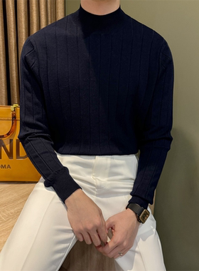 NR先生【羊毛】中领竖坑条纹毛衣男休闲修身套头保暖打底针织衫潮