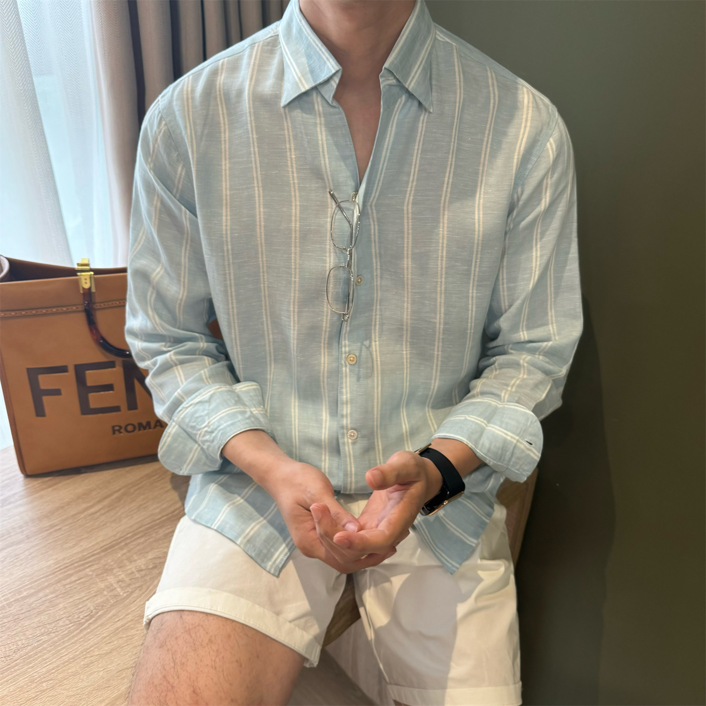 NR先生【天丝亚麻】意式长袖老钱风条纹衬衫男V开领通勤蓝色衬衣