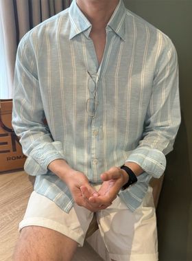 天丝亚麻意式长袖老钱条纹衬衫男