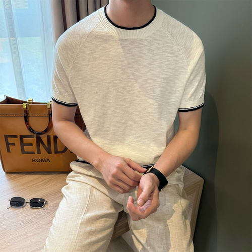亚麻棉老钱风圆领针织衫男