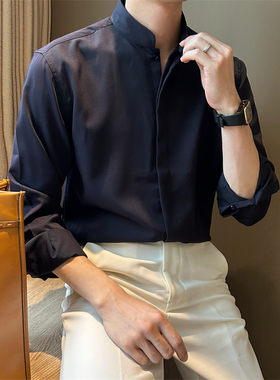 NR先生国潮新中式暗扣立领纯色男衬衣简约通勤百搭款韩版青年衬衫