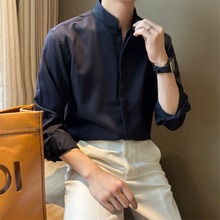 NR先生国潮新中式 韩版 青年衬衫 暗扣立领纯色男衬衣简约通勤百搭款