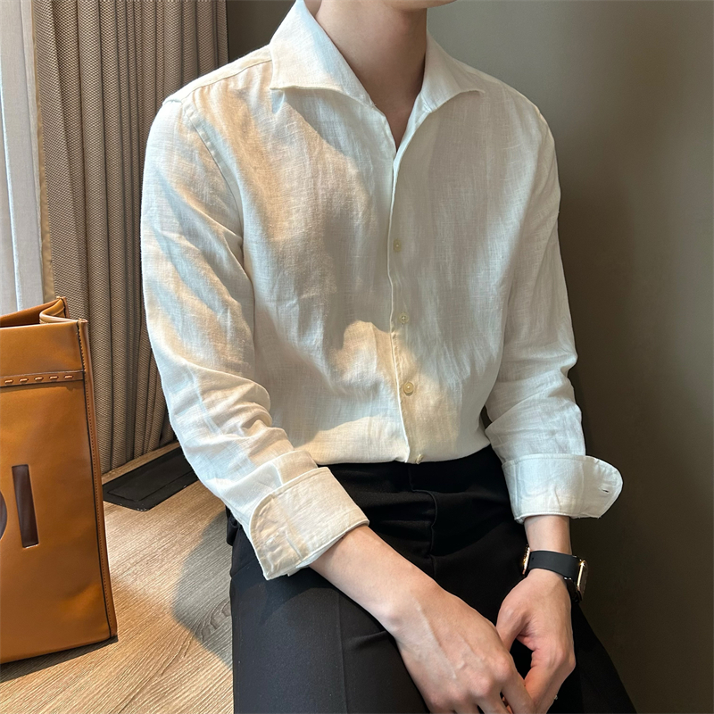 NR先生V领长袖亚麻男衬衣