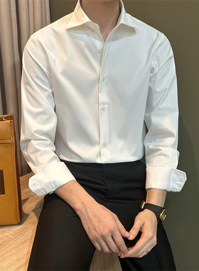 NR先生轻奢扣式免烫温莎领白衬衣弹力时尚商务休闲纯色打底男衬衫