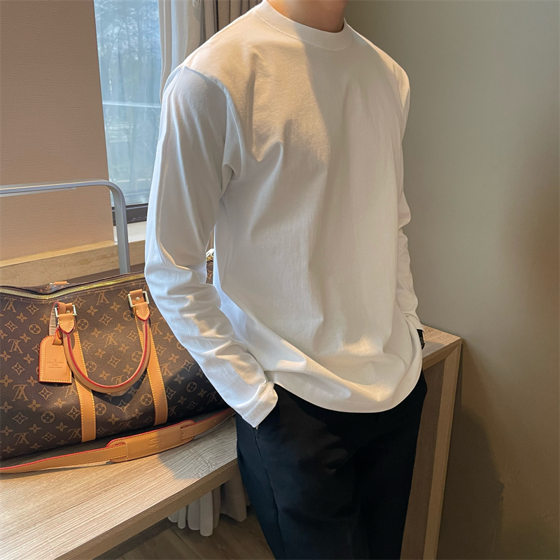 韩版纯棉长袖圆领纯色宽松t恤打底衫简约百搭款慵懒体恤潮男休闲T