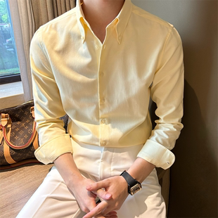 韩版 休闲修身 纯色大方扣领简约男衬衣牛津纺港风复古时尚 轻熟衬衫