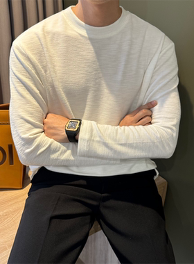 NR先生【高级棉】白色休闲慵懒宽松男体恤垂感细条秋季打底衫T恤