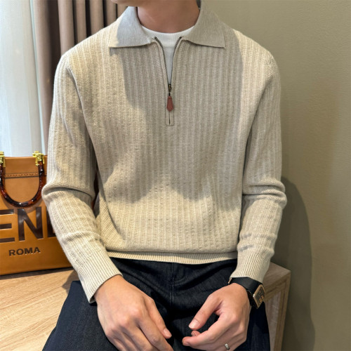 微阔假两件老钱半拉链翻领毛衣男