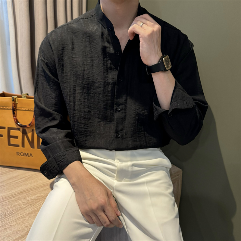 亚麻无领黑色带口袋衬衣男