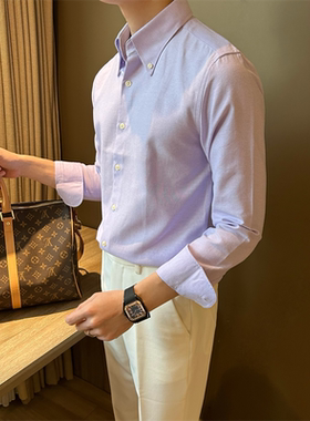 商务轻熟紫色长袖修身型男衬衫休闲日常通勤简约风格扣领潮流衬衣