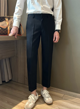 NR先生韩版黑色九分时尚修身西裤男百搭暗扣式折裤脚设计休闲男裤