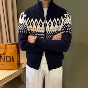 NR先生【绵羊毛】新贵秋冬款针织外套男花纹老钱拉链立领开衫毛衣