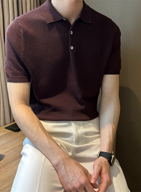 NR先生提花复古蜂窝纹理翻领针织男士短袖夏季天丝薄款纯色POLO衫