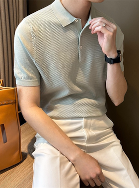 NR先生夏季清爽蜂窝纹理翻领男针织提花纹短袖天丝薄款纯色POLO衫