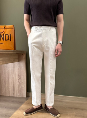 NR先生纯色复古松紧腰时尚白裤重工耐穿微弹横扣设计百搭休闲男裤