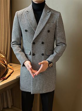 NR先生英伦范羊毛黑白格子男大衣双排扣千鸟格中长款商务呢子外套
