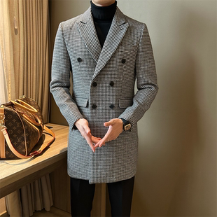 NR先生英伦范羊毛黑白格子男大衣双排扣千鸟格中长款 商务呢子外套
