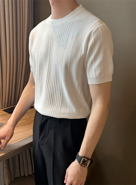 NR先生韩版简约夏季男条纹肌理针织衫透气圆领纯色短袖轻熟潮t恤