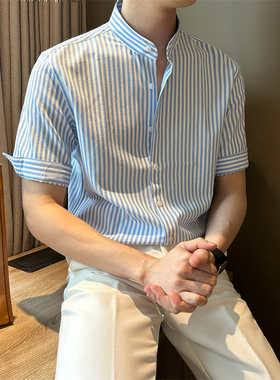 NR先生夏季泡泡纱五分袖条纹衬衣新中式立领休闲免烫中袖潮衬衫男