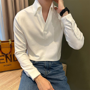 NR先生意式一片领含棉长袖弹力T恤轻熟休闲V领纯色打底潮男POLO衫