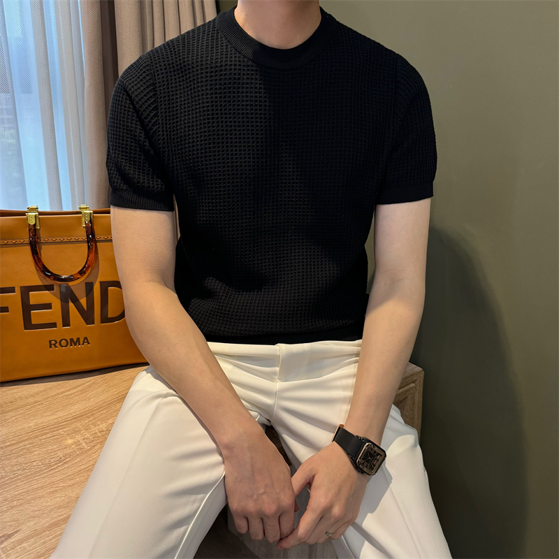 美式型男纯色格纹休闲体恤