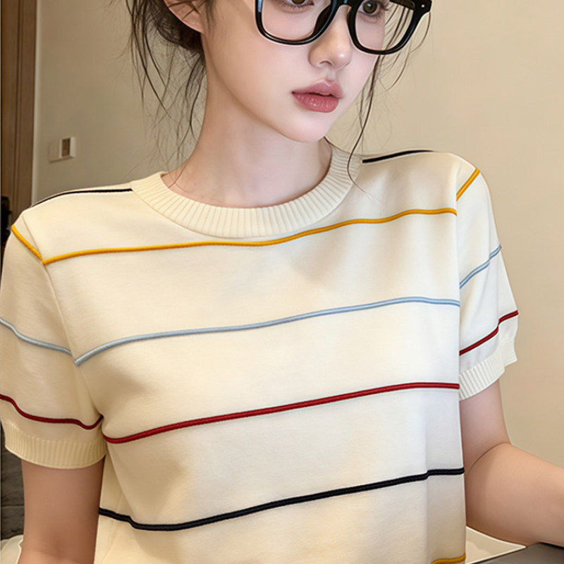 2026夏季新款时尚条纹针织衫女短袖圆领套头毛衣宽松显瘦百搭上衣
