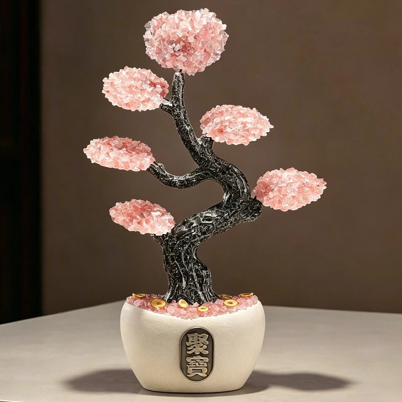 轻奢粉晶迎客发财树新中式聚宝盆摇钱树客厅玄关办公室旺运装饰品
