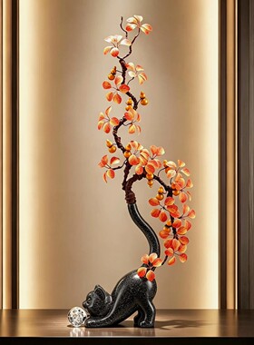 中古侘寂风招财猫花艺摆件客厅玄关转角展示柜插花装饰品创意竖高